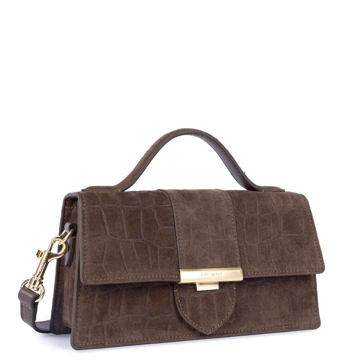 Borsa in pelle di vacchetta scamosciata, con motivo coccodrillo marrone, LANCASTER