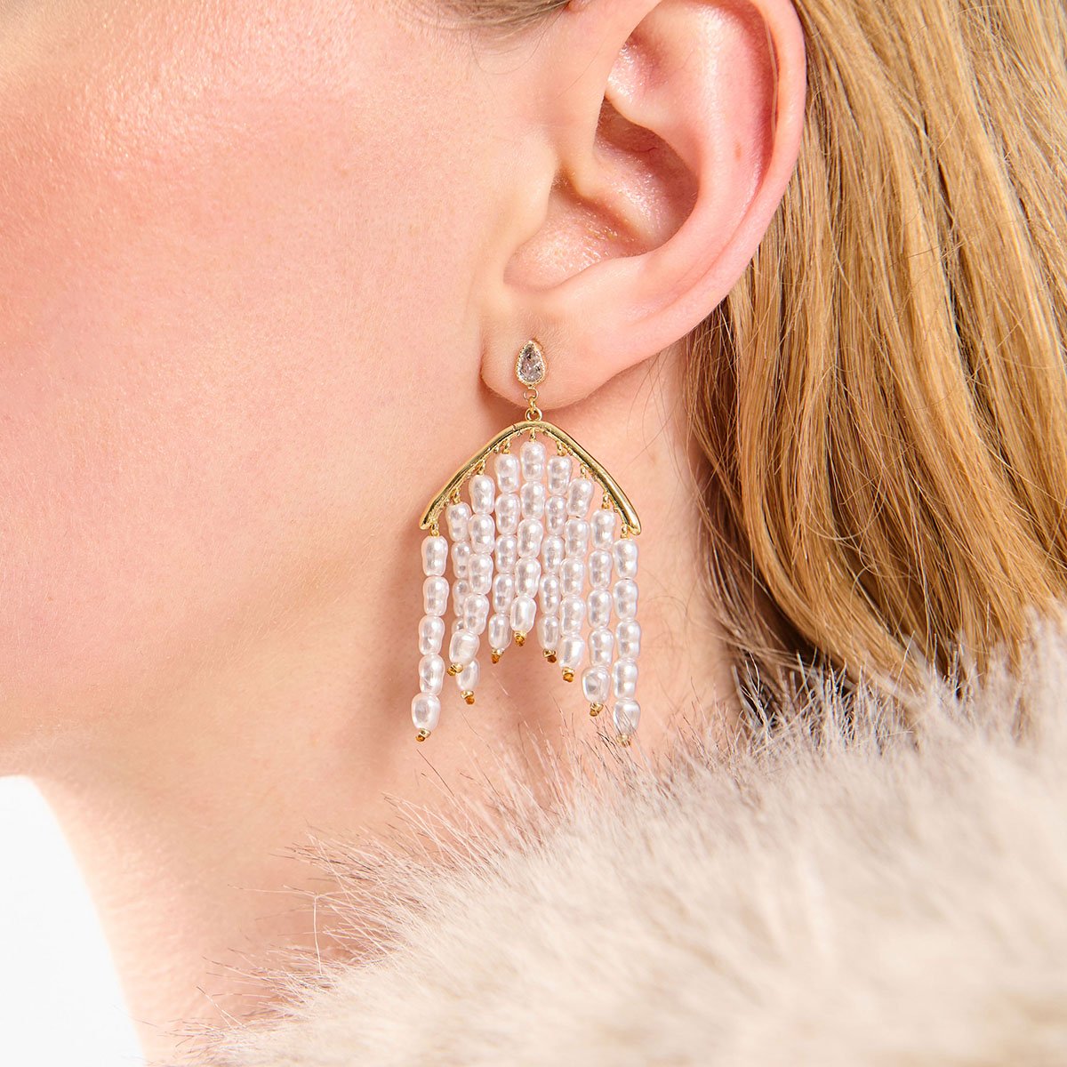 Boucles d'oreilles pendantes chaînes de perles EDORI blanc, HIPANEMA