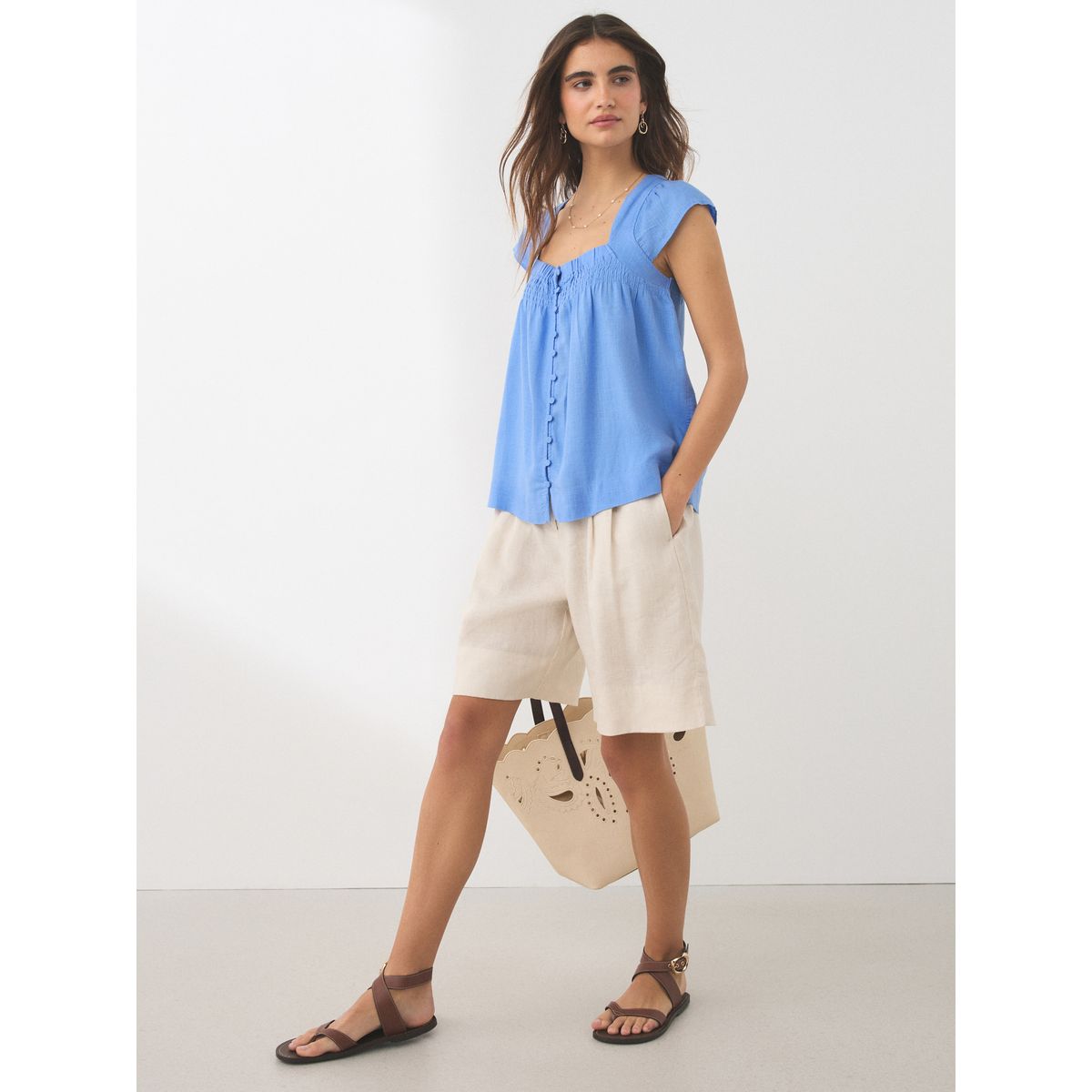 Haut à manches évasées avec lin, lot de 2 lot de deux à motif floral bleu pastel/écru, NEXT