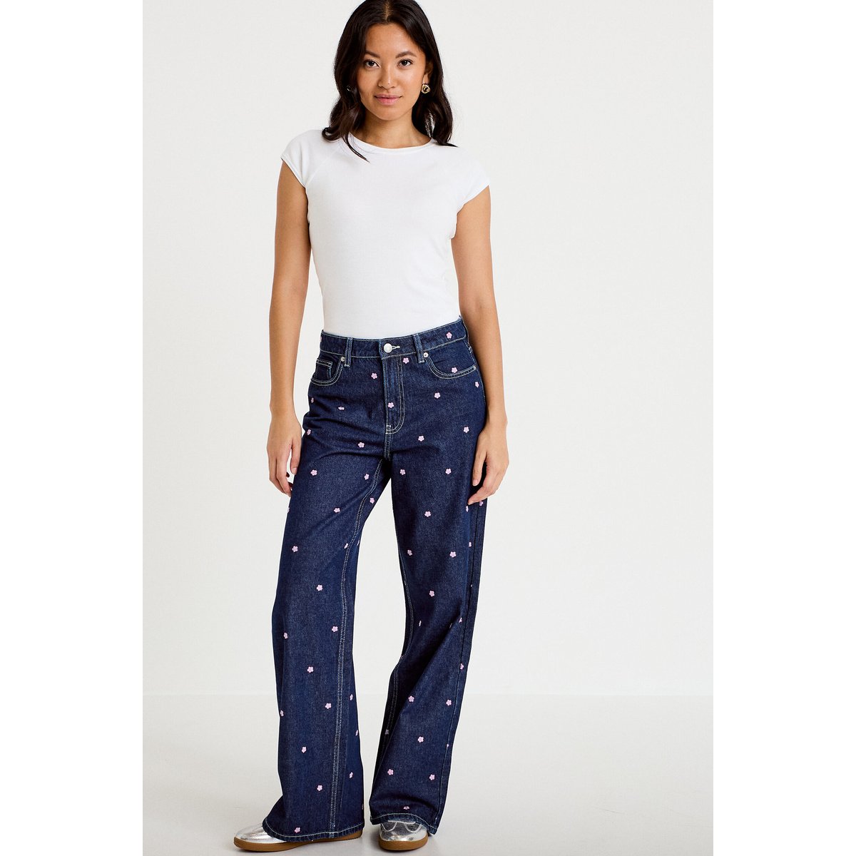 Jean wide leg taille haute brodé bleu foncé, CACHE CACHE