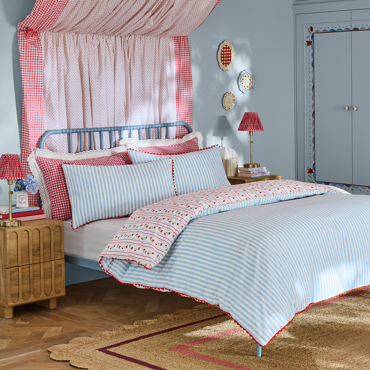 Treasure Floral Stripe Reversible Cotton Duvet Cover and Pillowcase Set red/navy, CATH KIDSTON