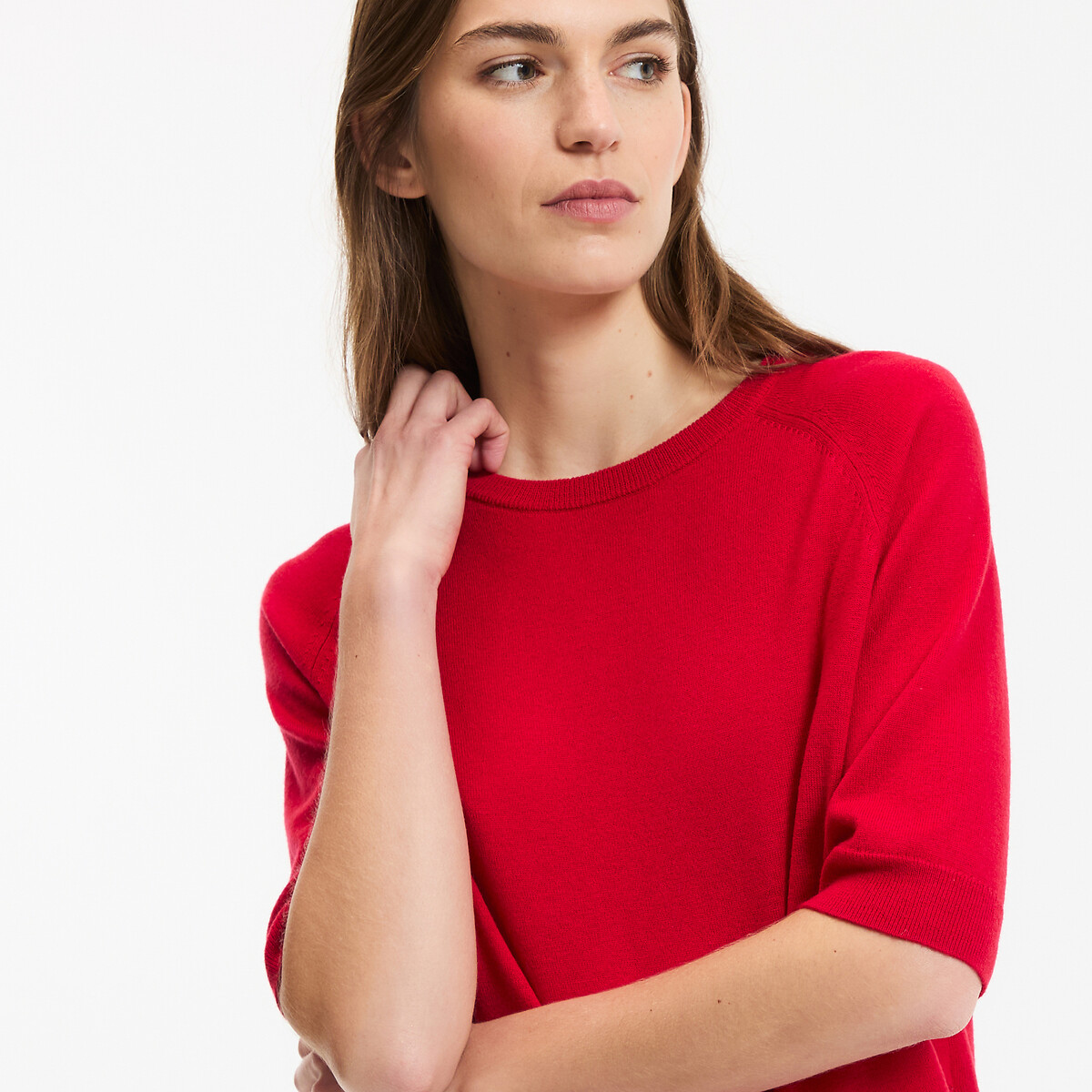 Maglione girocollo 100% lana, maniche corte rosso, LA REDOUTE COLLECTIONS