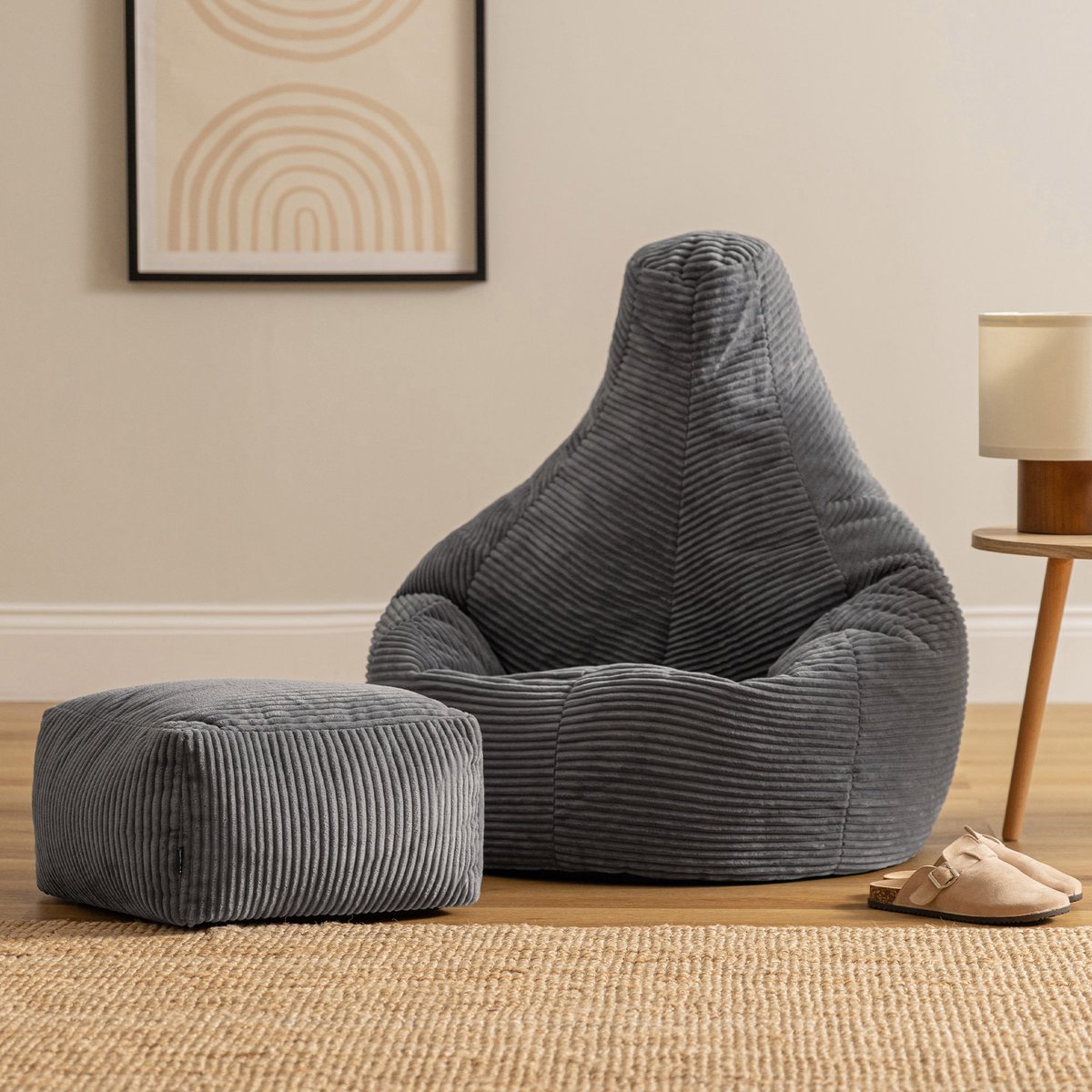 Pouf à dossier haut velours côtelé Oeko-Tex® - DALTON bleu canard, ICON