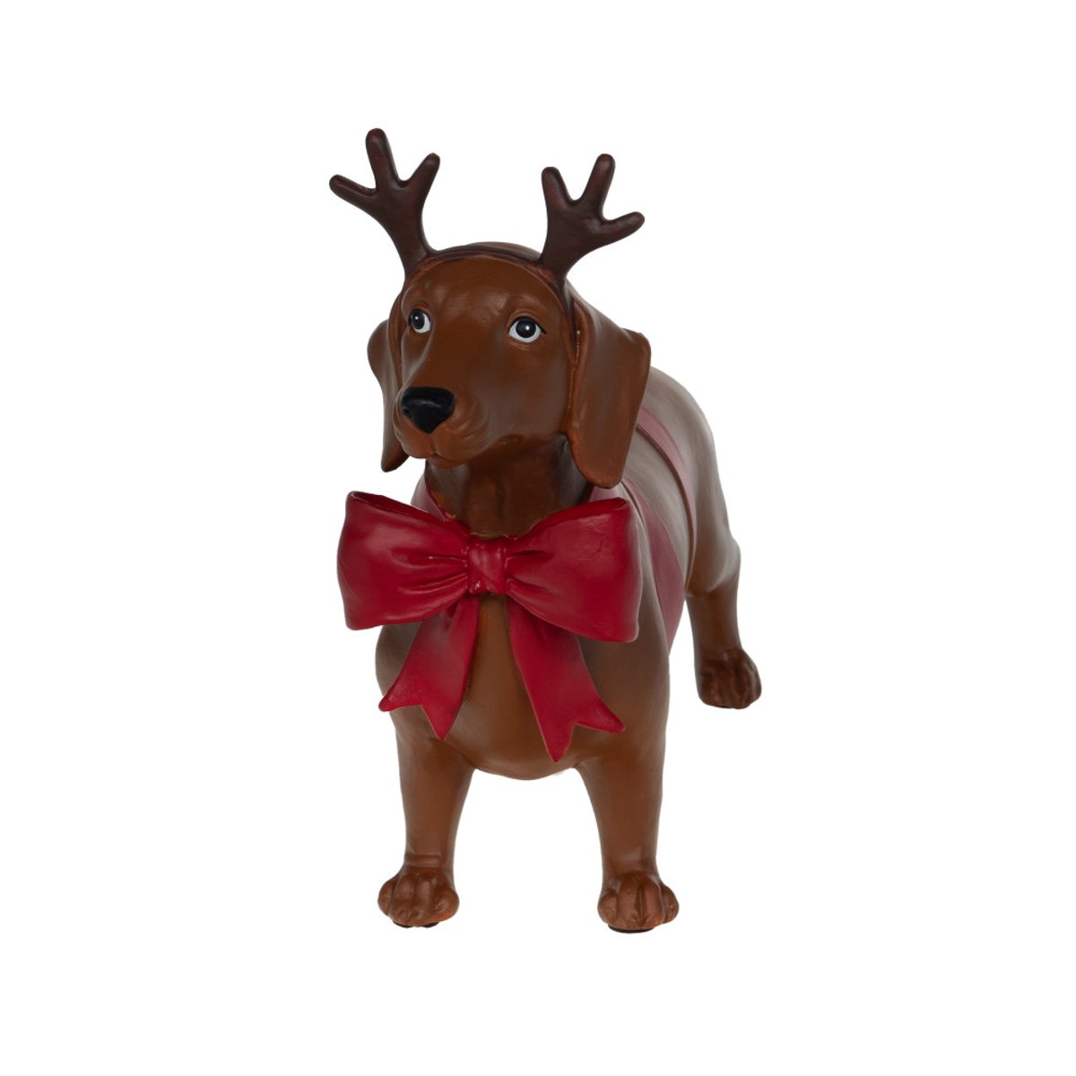 Teckel de Noël nœud rouge 21X33 cm en résine marron, AMADEUS