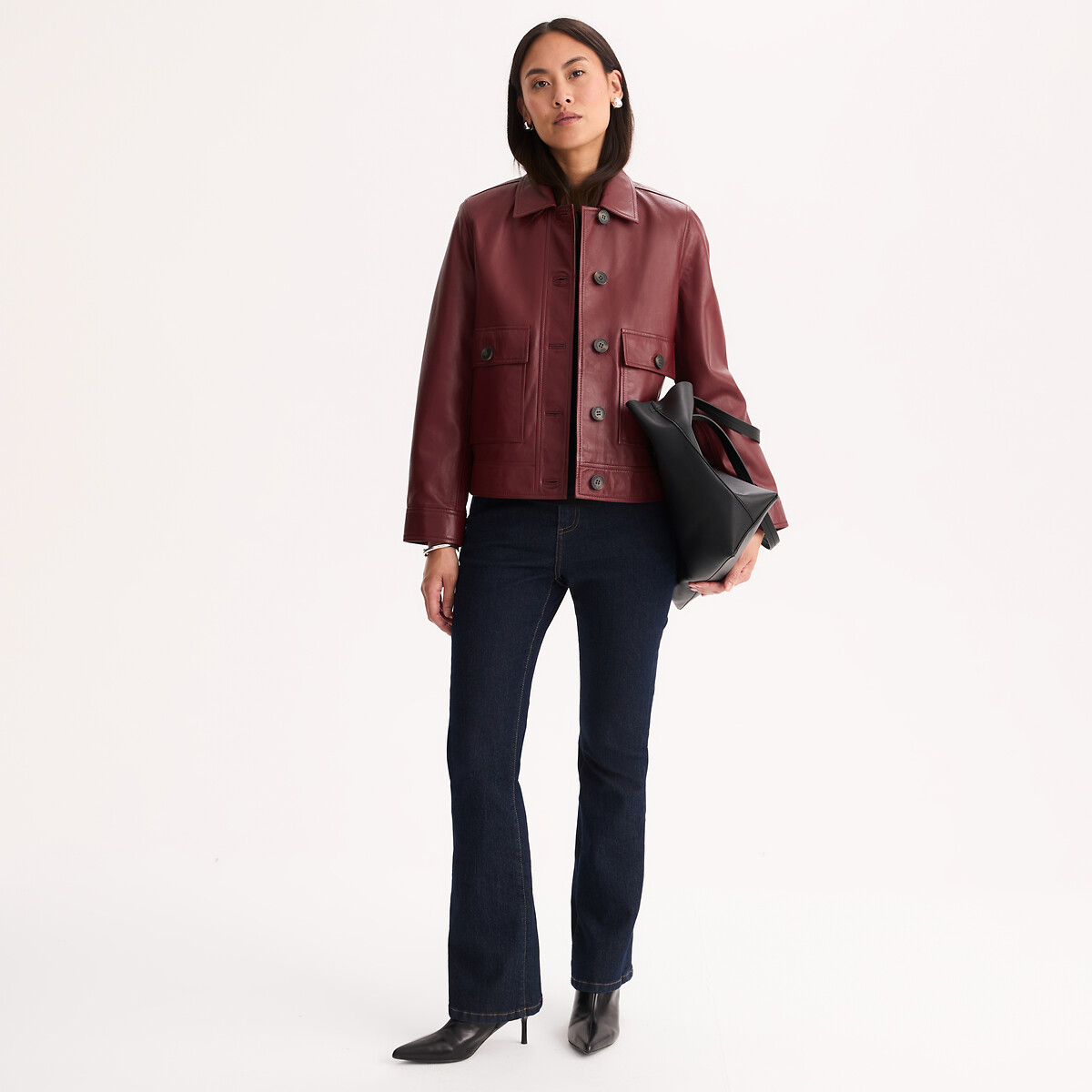 Leather Buttoned Cropped Jacket burgundy red, ANNE WEYBURN
