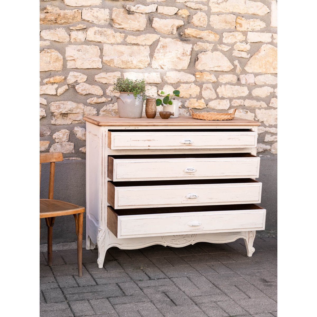 Grande commode blanche en bois massif Garance N°745 - Bon état bois clair, DEBONGOUT