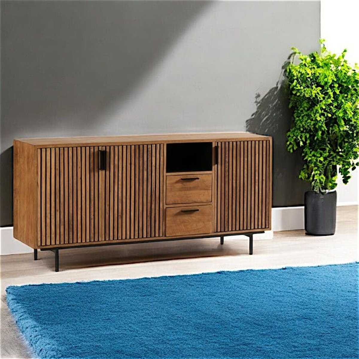 Bahut contemporain teck recyclé 3 portes rainurées FANO bois naturel, PIER IMPORT