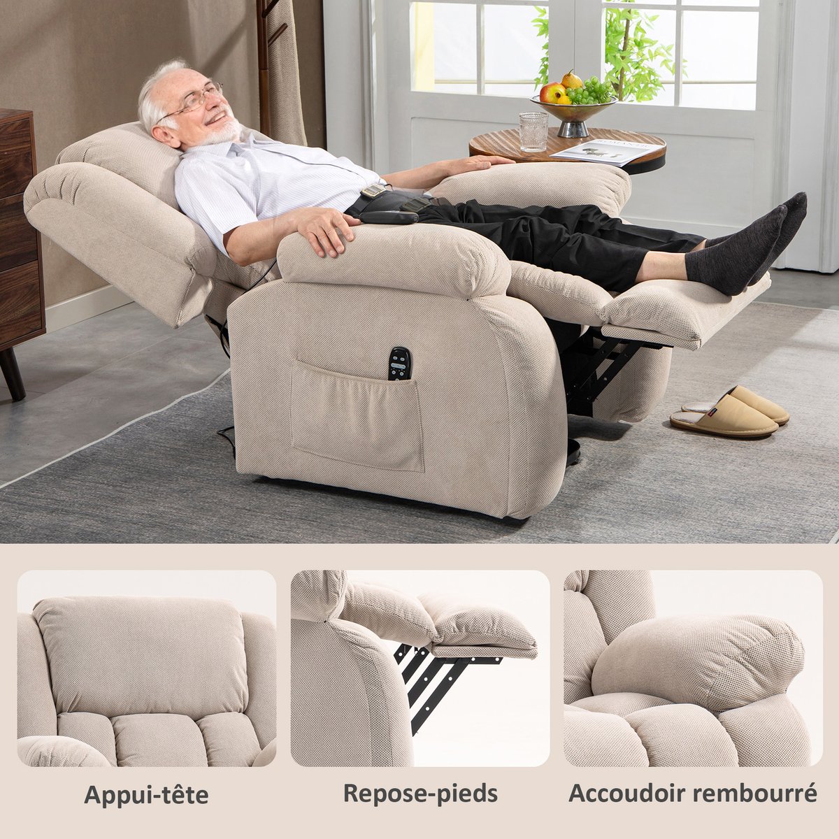 Fauteuil releveur multifonctionnel Velours beige, HOMCOM