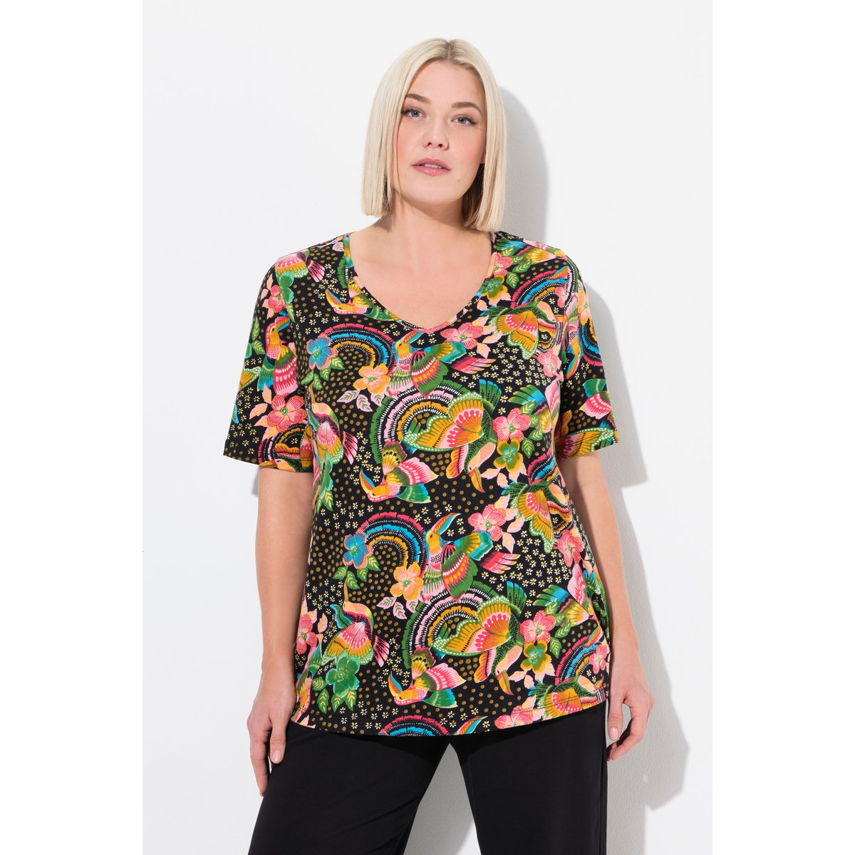 T-shirt long à fleurs noir, ULLA POPKEN