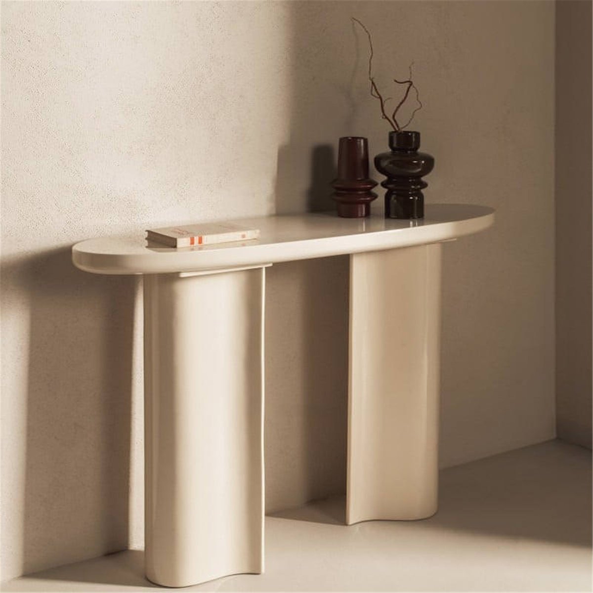 Console bureau, PLATEAU OVALE, PUREL beige clair brillant, RECOLLECTION