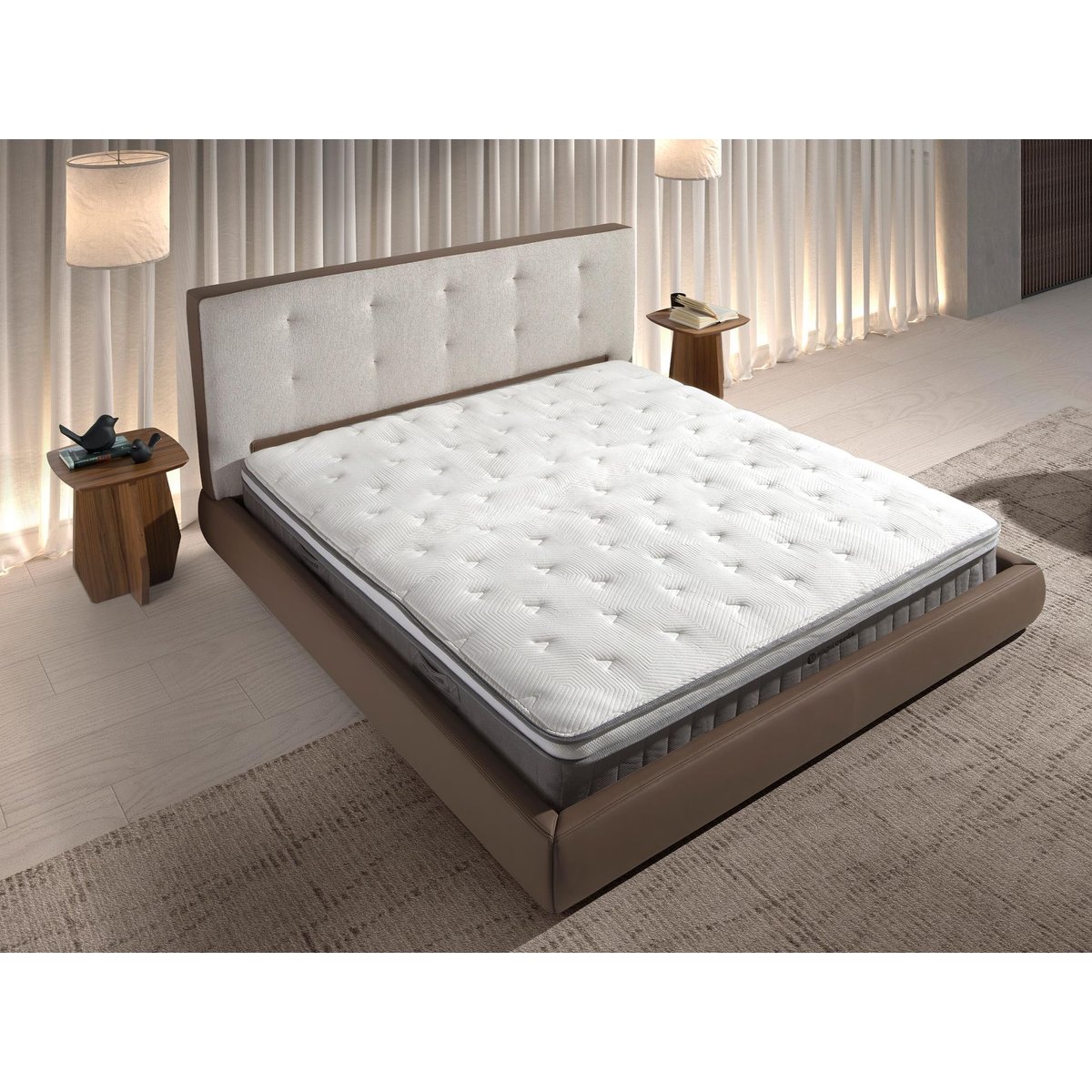 Lit rembourré en tissu marron et similicuir marron avec revêtement blanc cassé blanc cassé | noir | marron, ANGEL CERDA