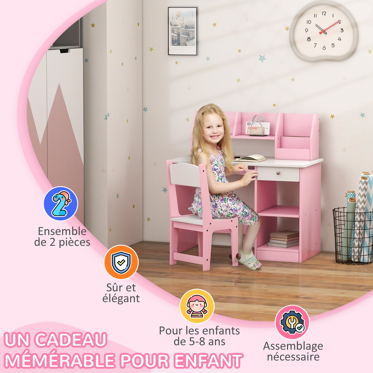 Bureau d'étude pour enfants avec chaise MDF rose et blanc, ZONEKIZ