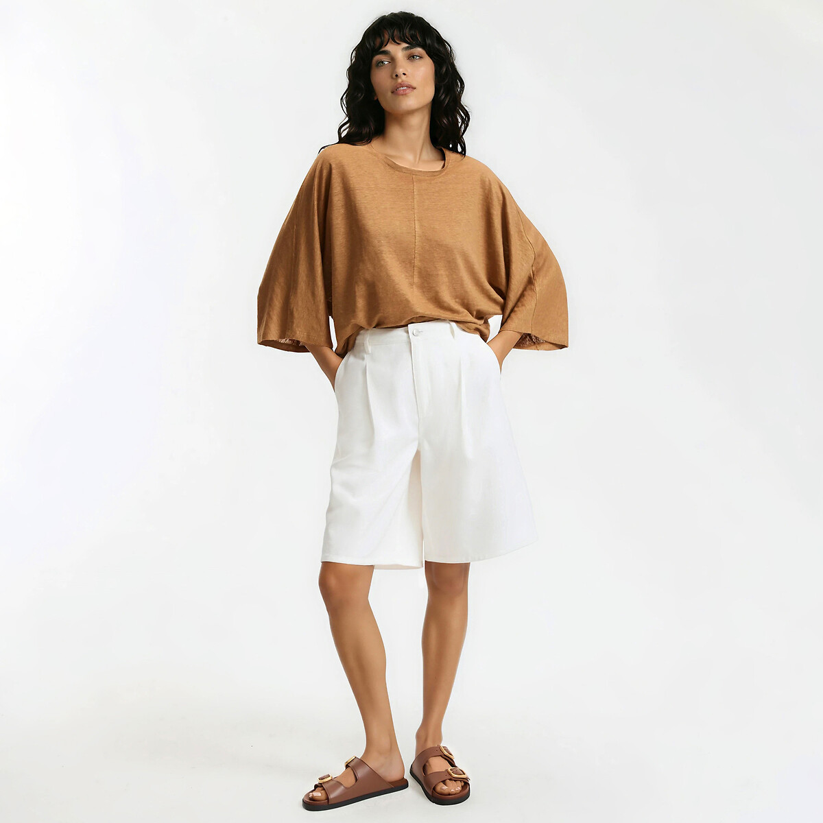 Linen Crew Neck Wide Sleeve T-Shirt hazel brown, LA REDOUTE COLLECTIONS