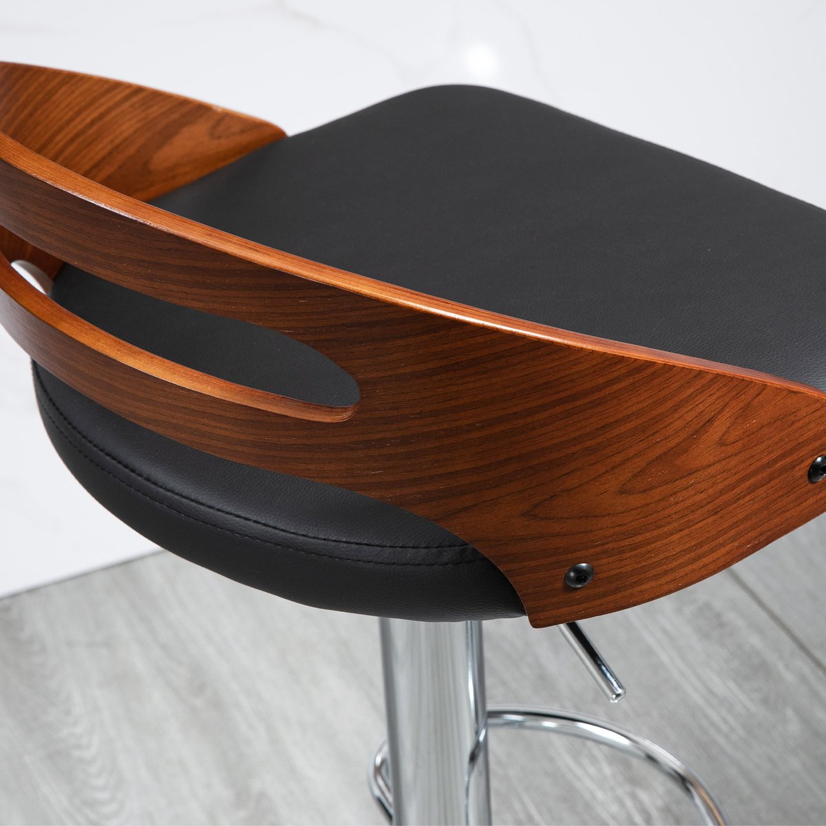 Tabouret de bar revêtement synthétique PU noir, aspect bois, chrome, HOMCOM
