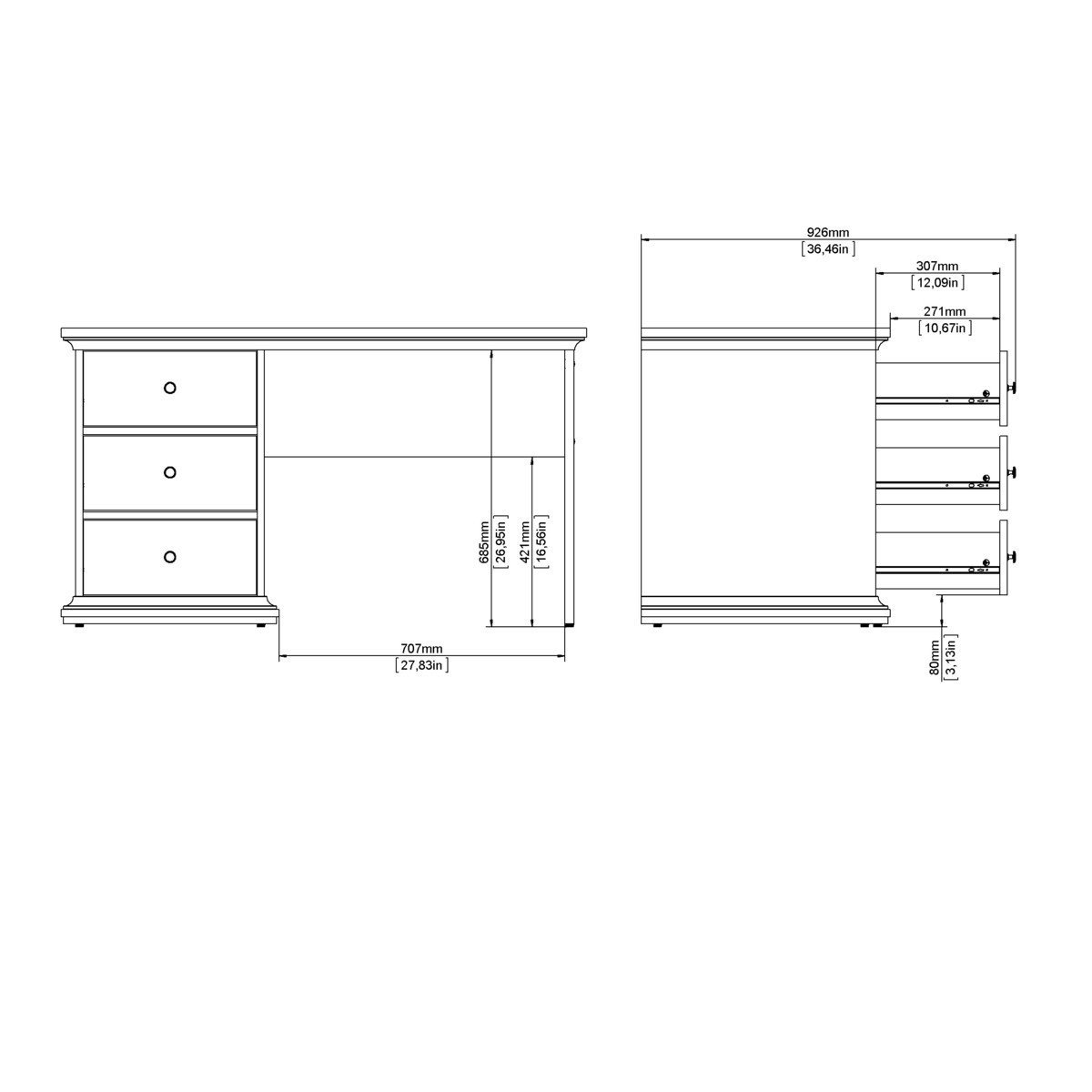 Bureau 3 tiroirs blanc - SOFIA blanc, CALICOSY