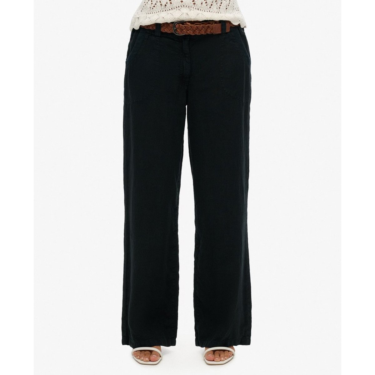Pantalon taille basse en lin noir, SUPERDRY