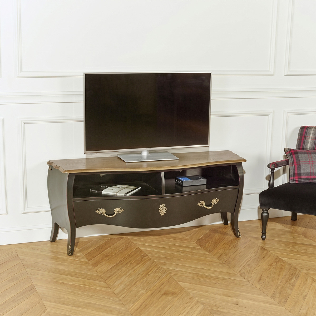 Meuble tv style shabby chic en chêne ALIENOR noir, ROBIN DES BOIS