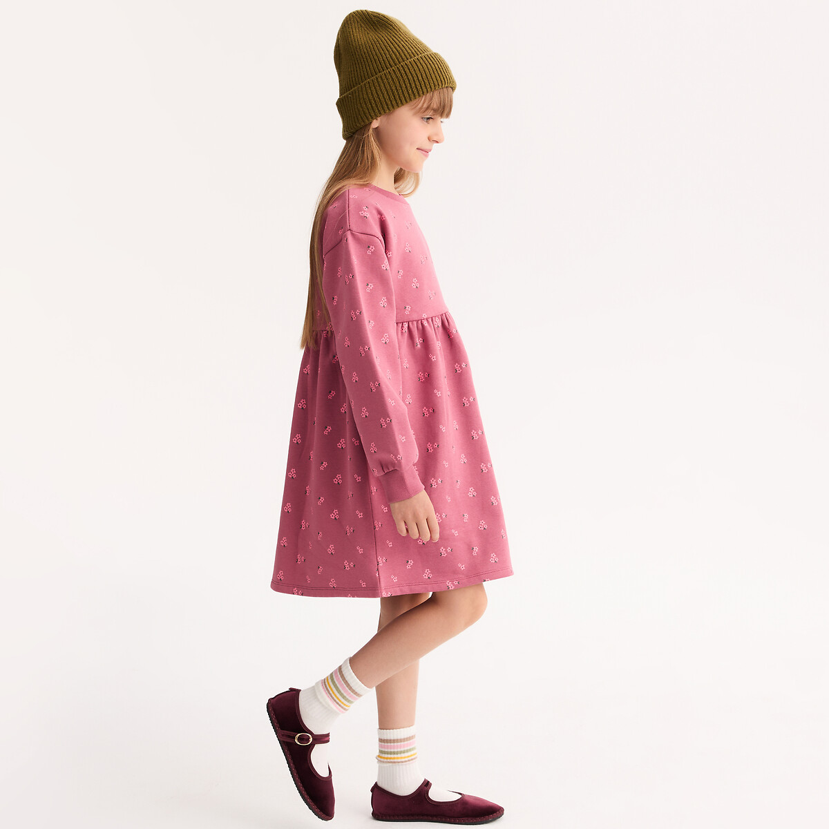 Robe manches longues, imprimé floral, en molleton imprimé rose, LA REDOUTE COLLECTIONS
