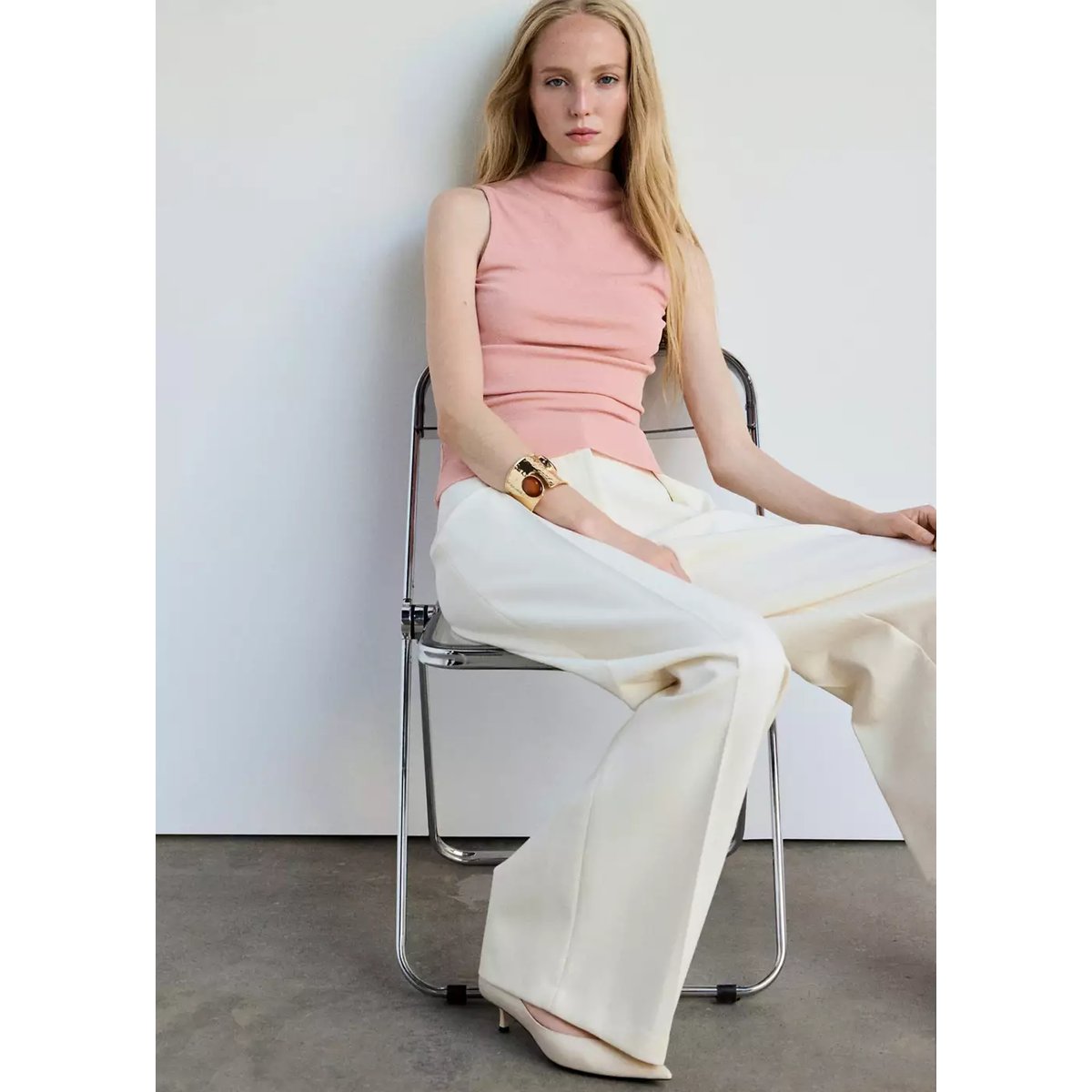 Top ajusté maille fine rose pastel, MANGO