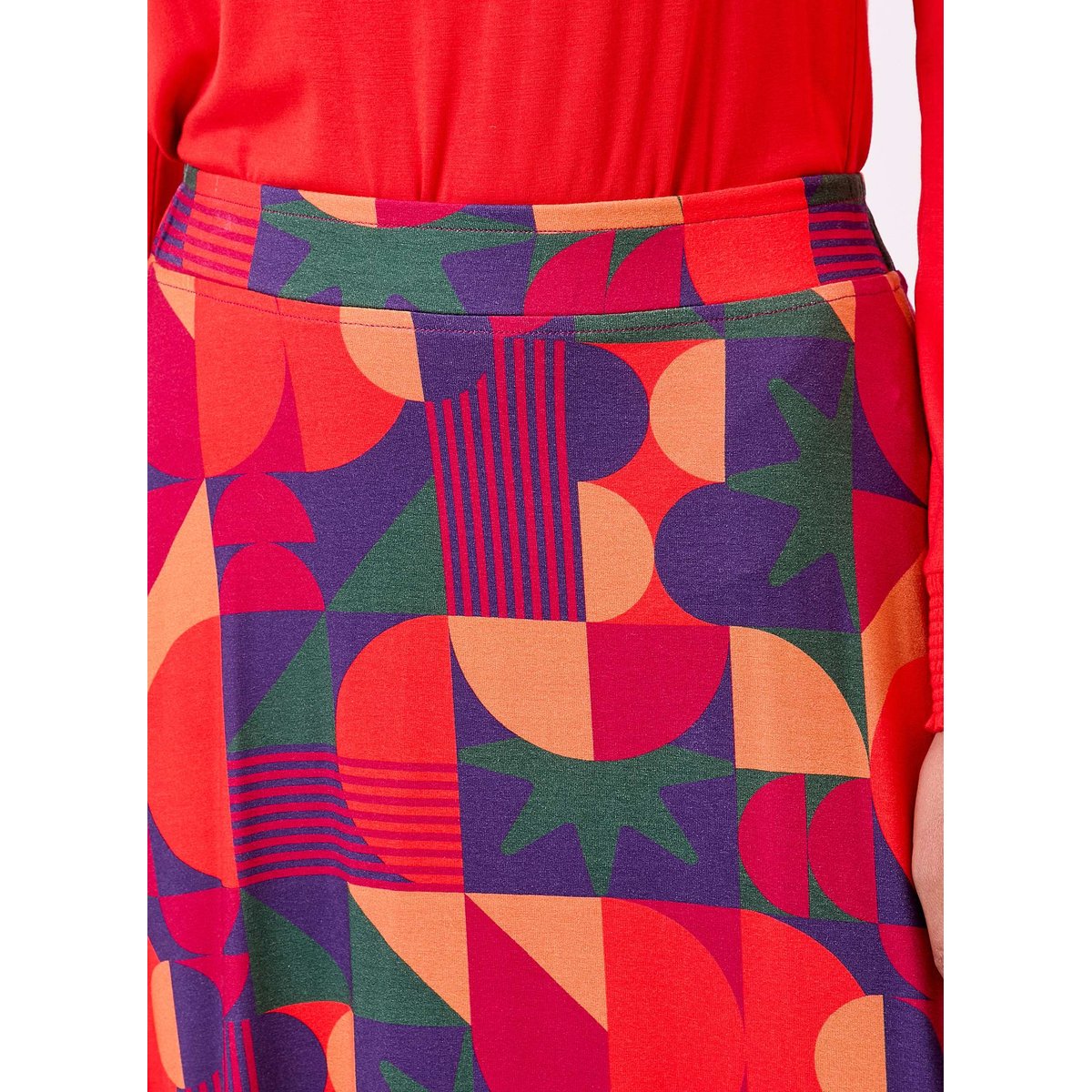 Jupe midi imprimée maille fluide évasée ELINA rouge violet caldera, PRINCESSE NOMADE