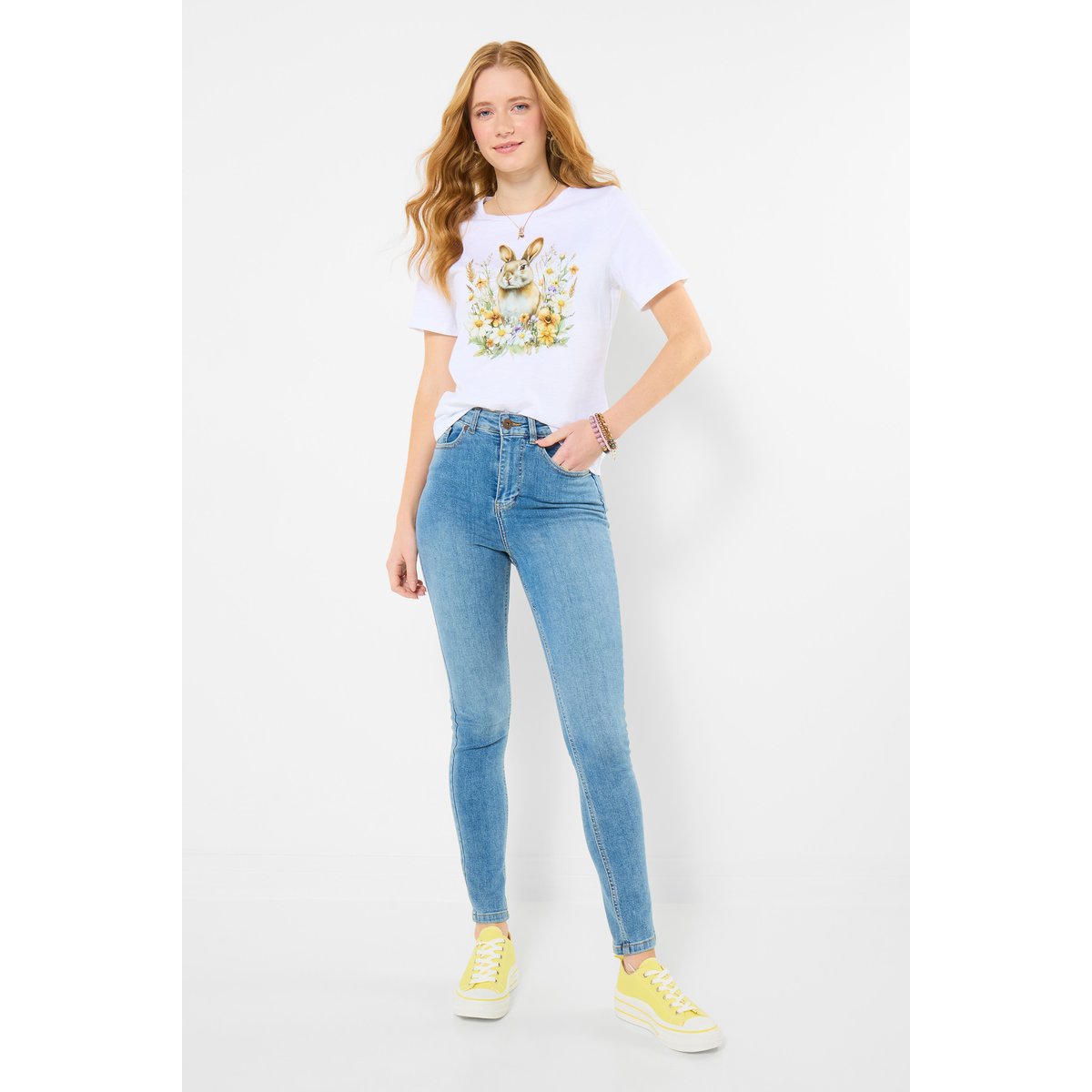 T-shirt à motif lapin et fleurs blanc, JOE BROWNS