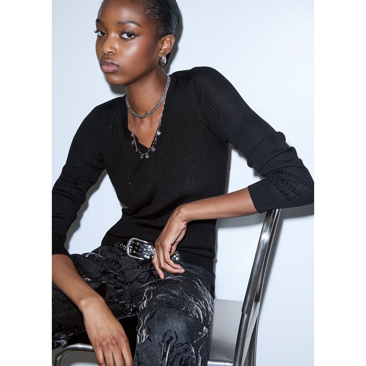 Pull en laine à col en V noir, LIU JO