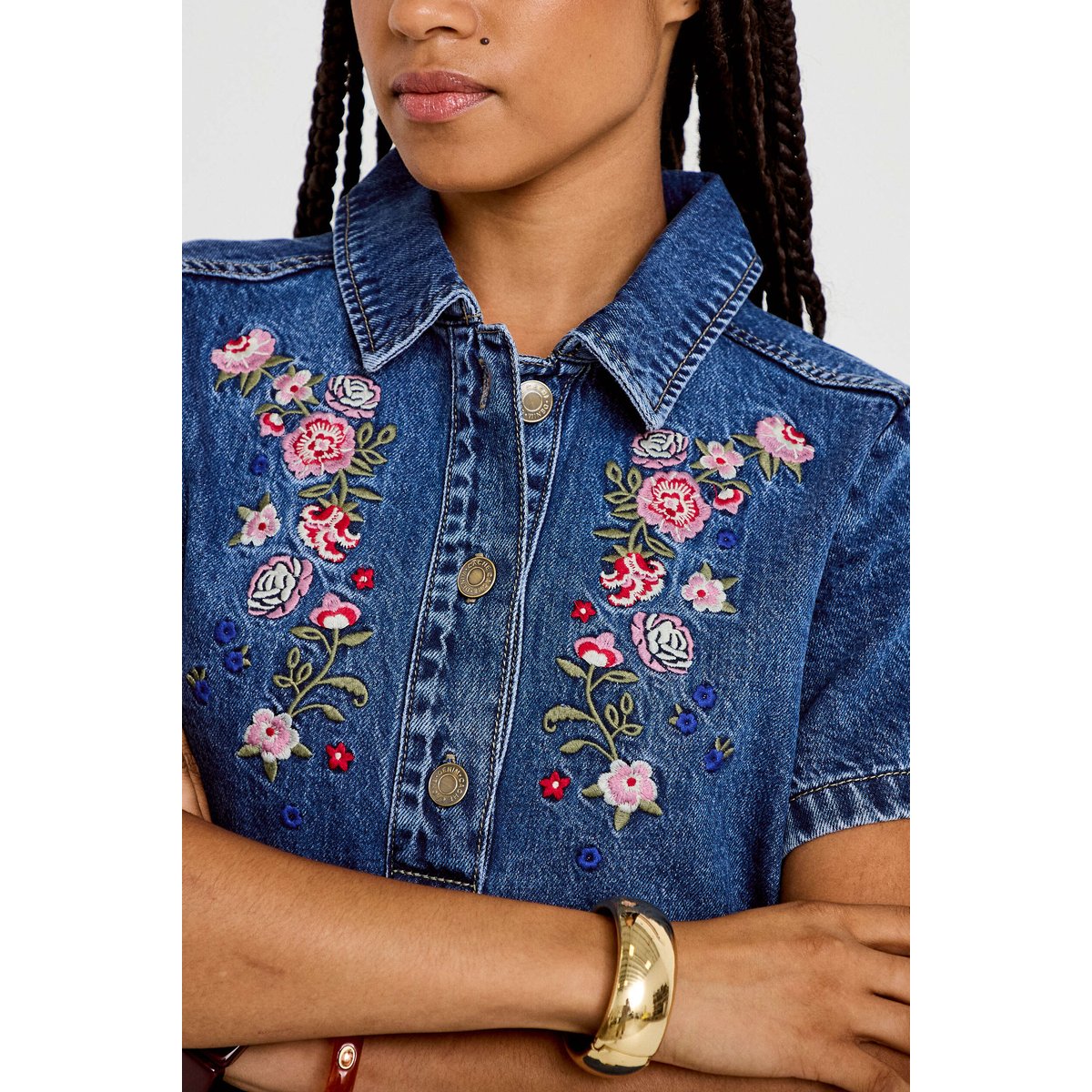 Robe droite courte en jean col chemise denim stone, CACHE CACHE