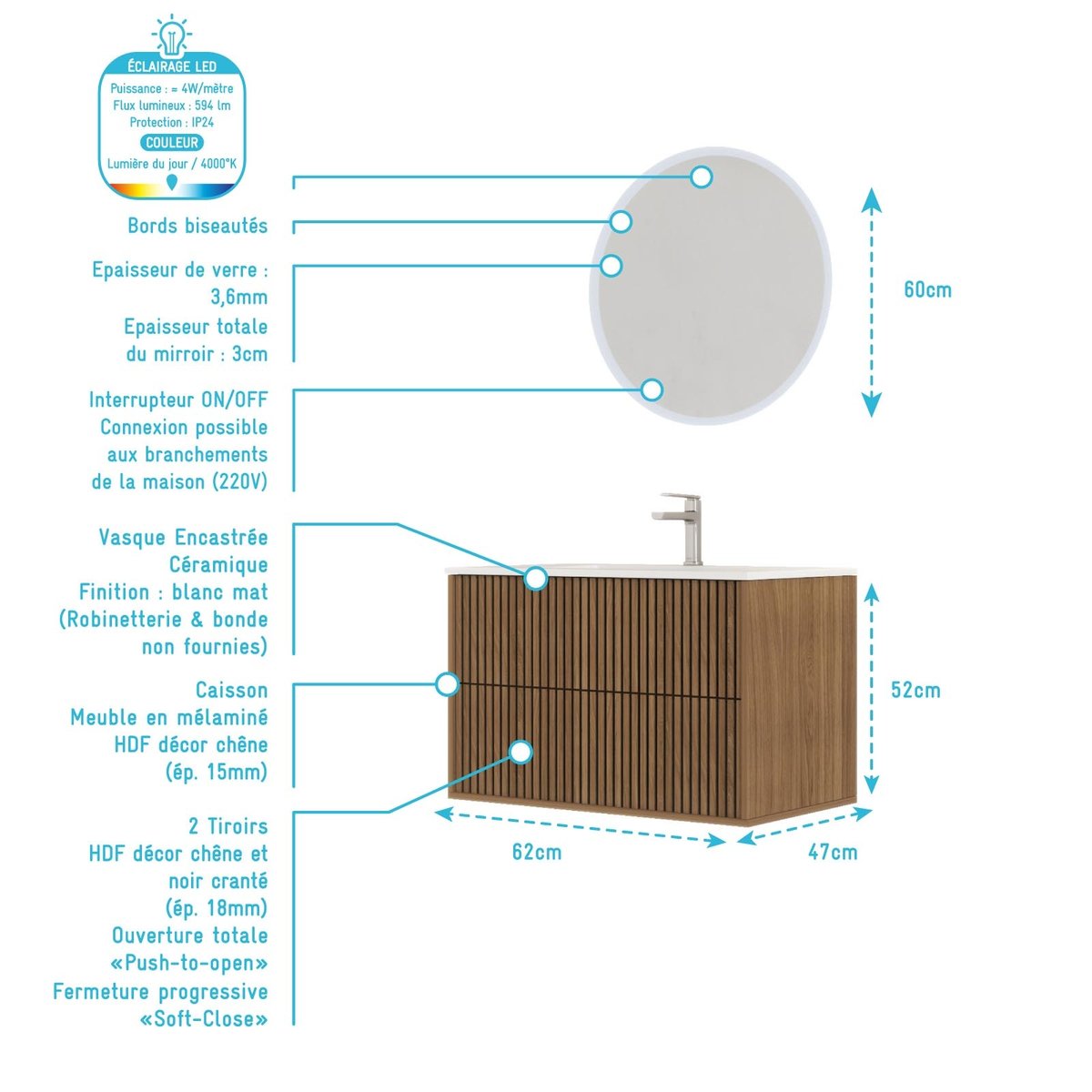 Meuble de salle de bain suspendu avec façade crantée, vasque(s) et miroir(s) LED naturel, HOME MAISON