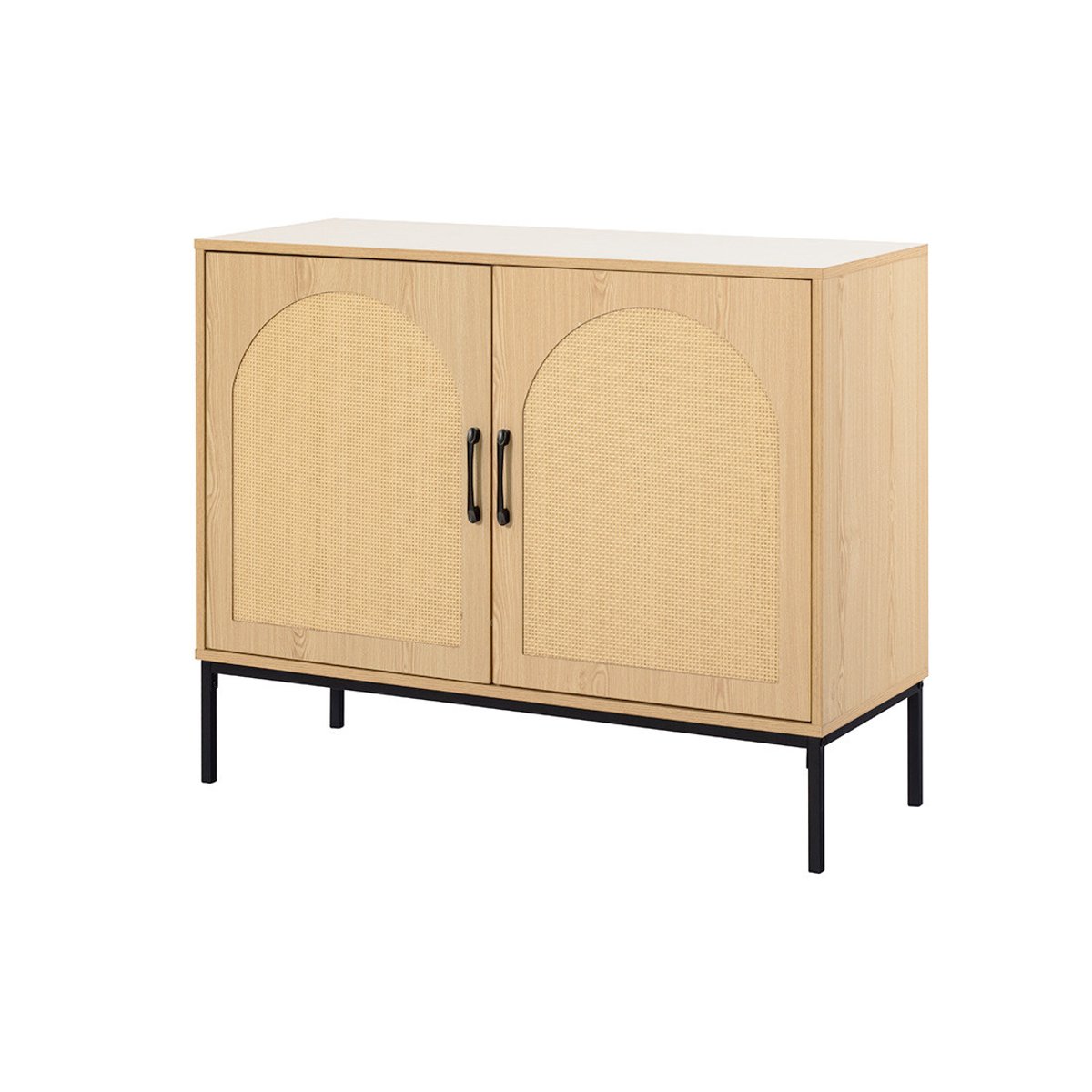 Buffet bas cannage et effet bois 2 portes, NAGATO bois / noir, BEST MOBILIER
