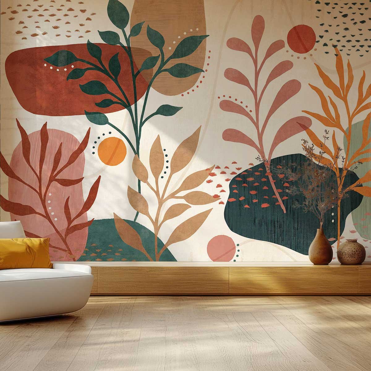 Papier peint végétal bohème terracotta et vert graphique multicolore, HEXOA