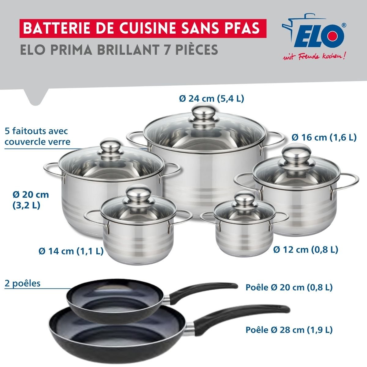 2 poêles 20/28cm + 5 faitouts 12/14/16/20/24cm PRIMA BRILLANT noir, ELO