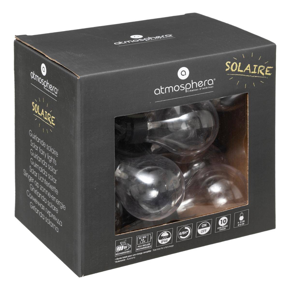 Guirlande solaire extérieure 10 ampoules LED IVY noir, ATMOSPHERA