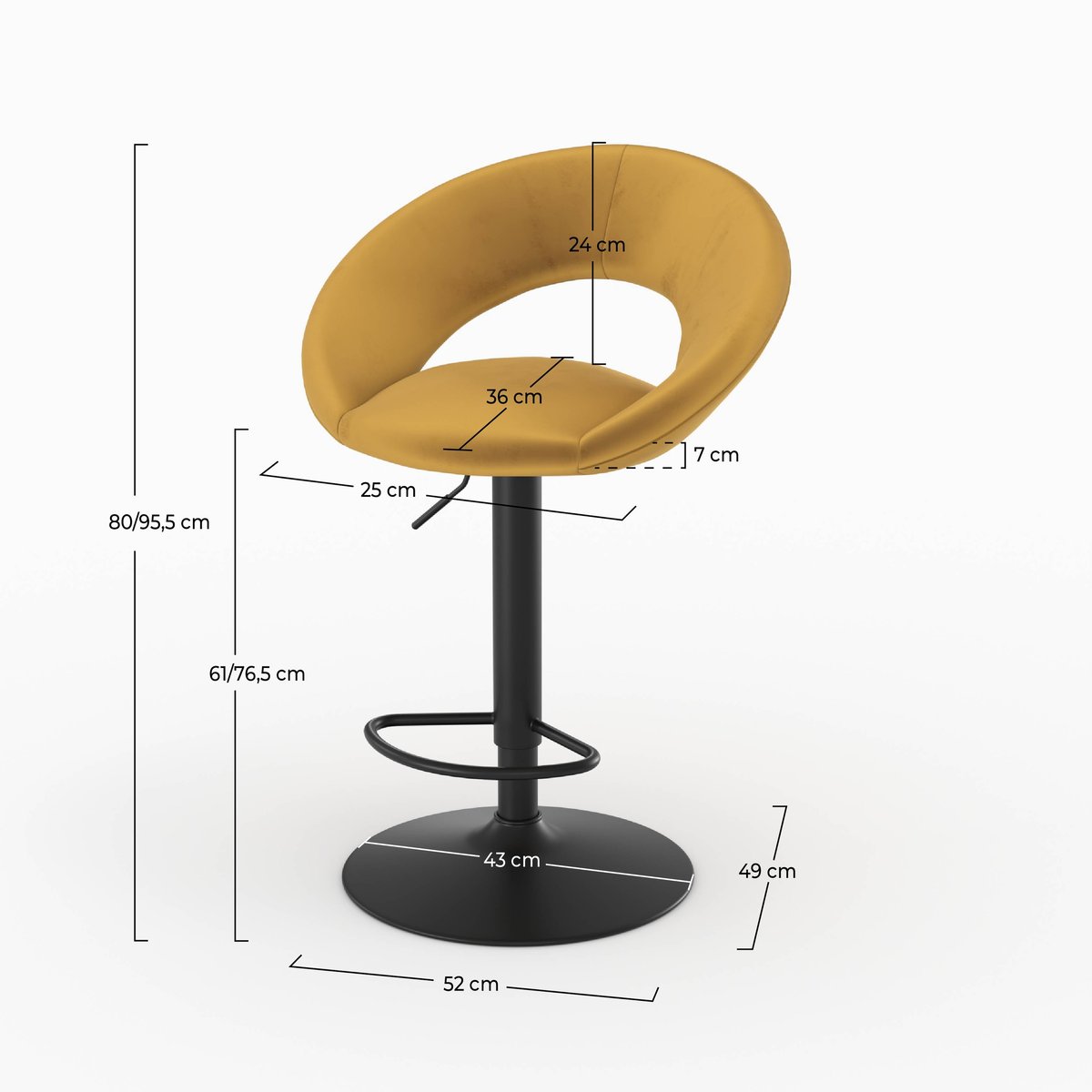 Lot de 2 chaises de bar en velours 61/76,5 cm - CLOCLO jaune curry, MAISON PAVANE