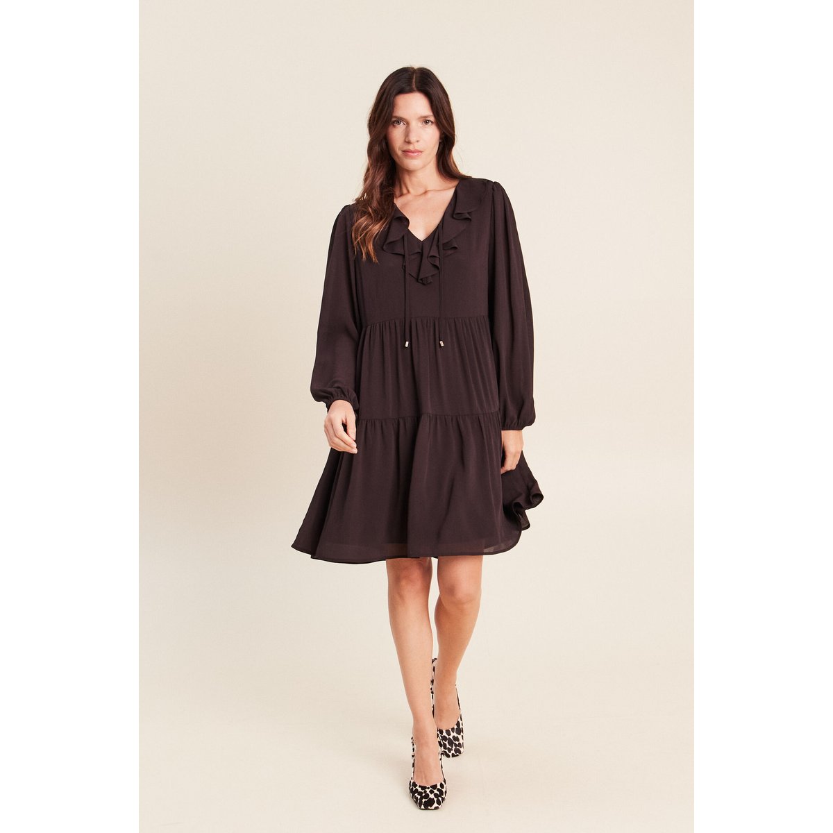 Robe courte évasée col v manches longues marron foncé, BREAL