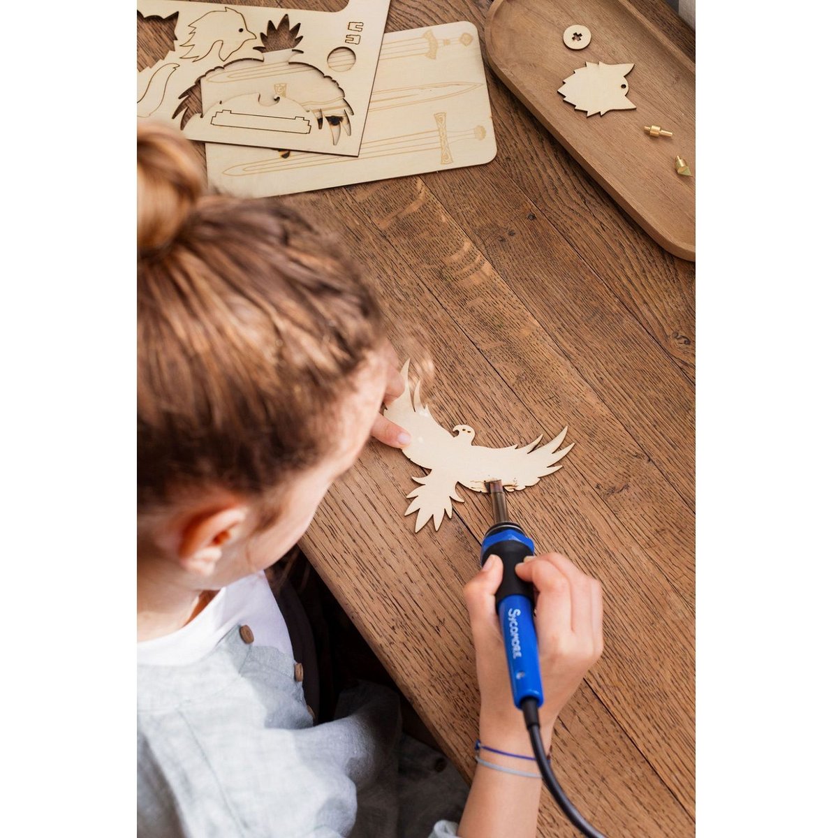 Maquettes et pyrogravure Celtique bleu, SYCOMORE