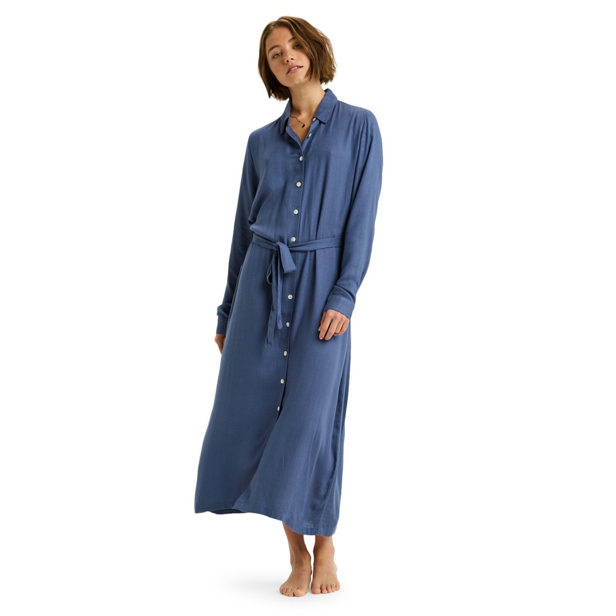 Robe midi à col et manches longues boutonnées sur le devant ISLAND ESCAPE SOLID. bleu vintage indigo, ROXY