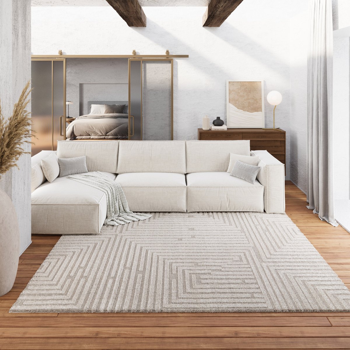 Tapis design à motif labythinthe à relief ,  Hillmar beige crème, WECON HOME