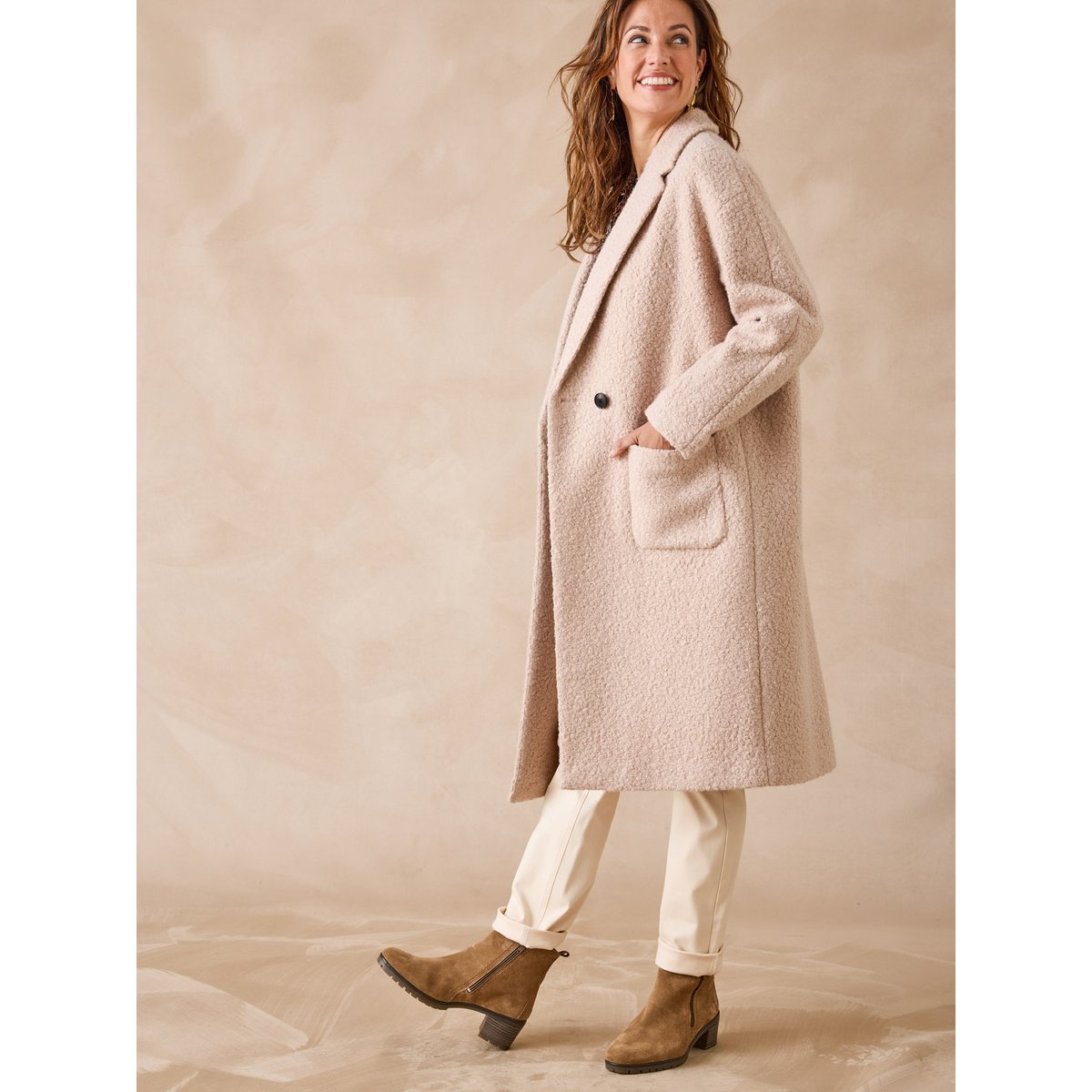 Manteau croisé tissu bouclette beige, DAXON