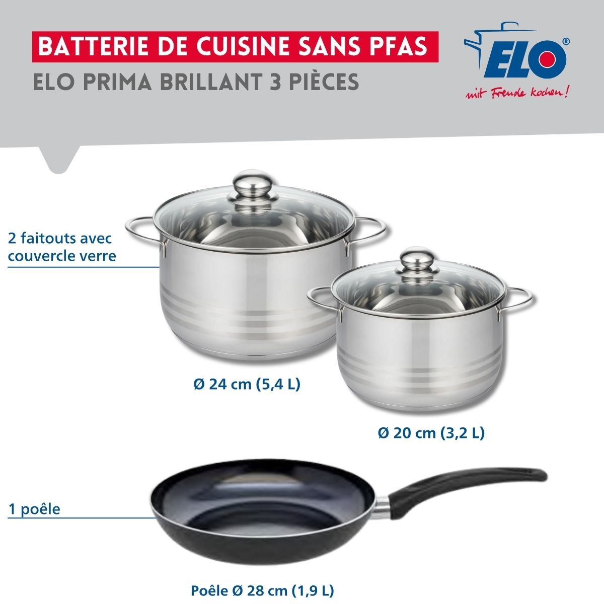 Batterie 1 poêle 28cm + 2 faitouts 20/24cm PRIMA BRILLANT noir, ELO