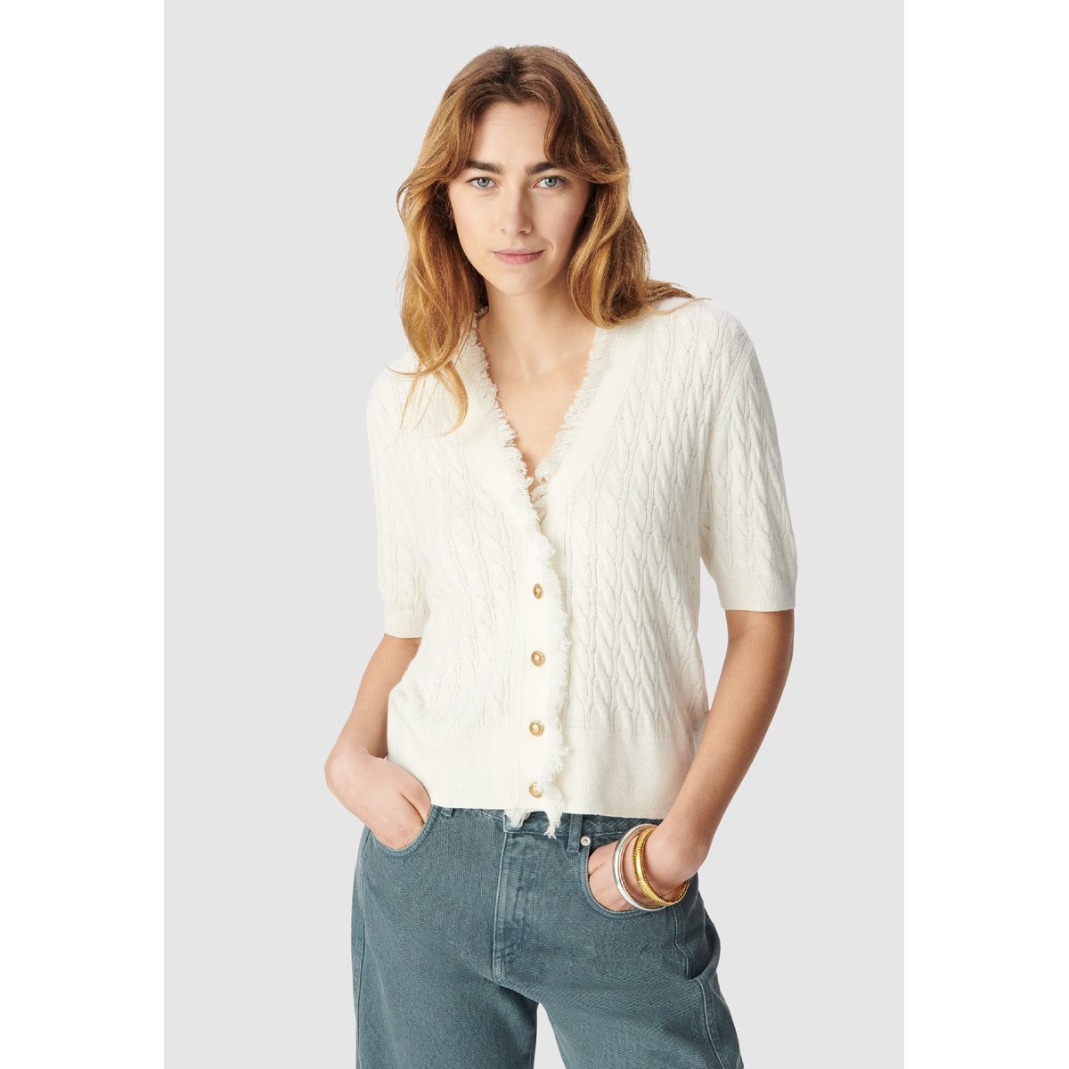 Cardigan manches courtes tricot torsadé ecru, IKKS