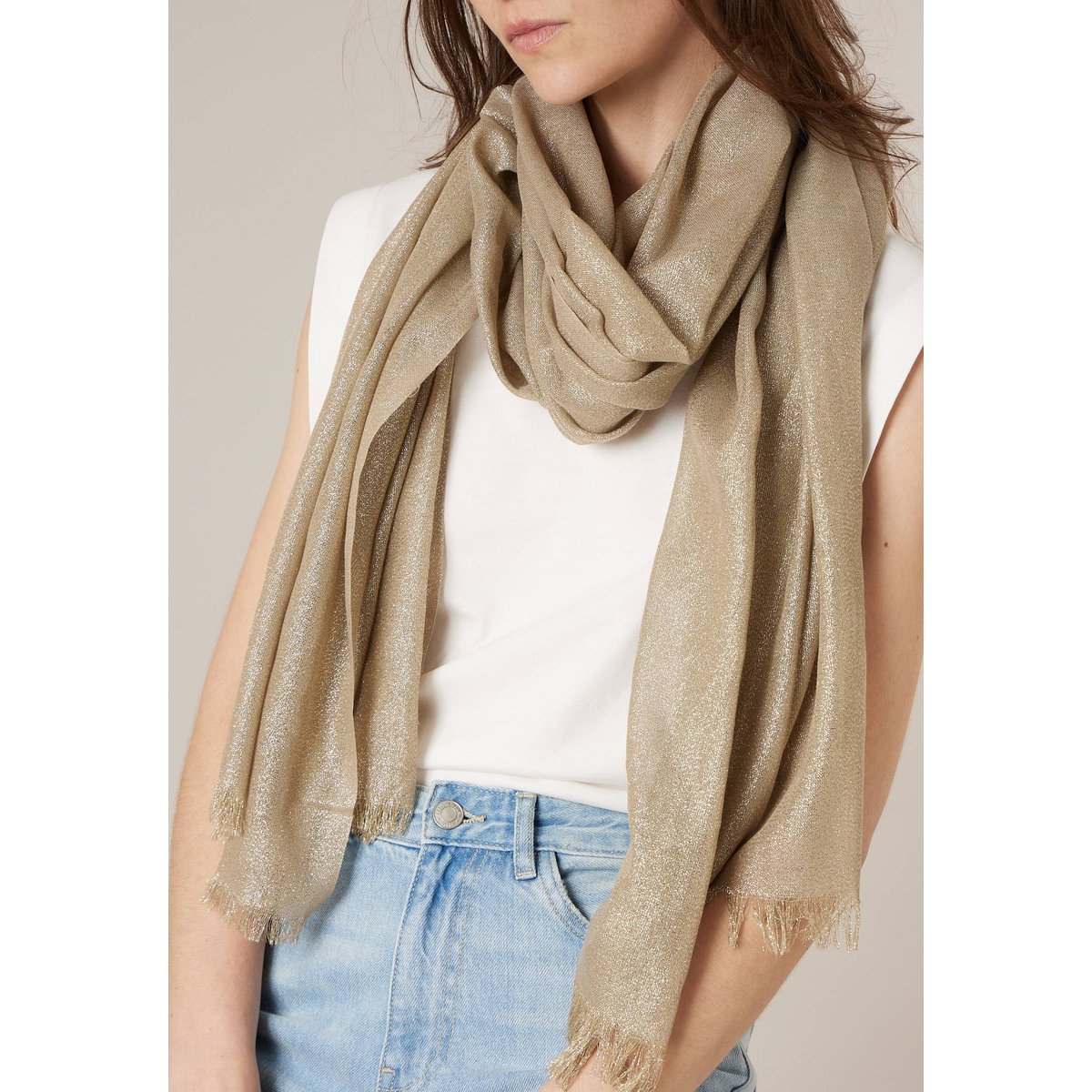 Foulard femme uni finition brillante MEREDITH beige, DEELUXE
