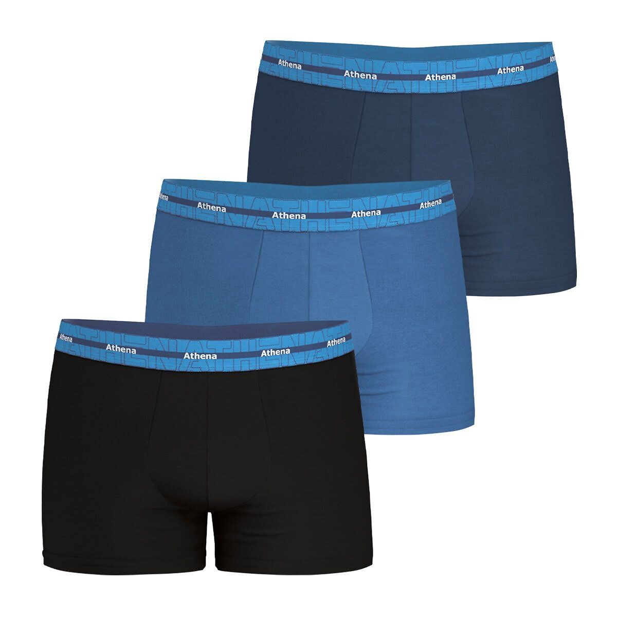 Lot de 3 boxers, coton stretch noir + bleu + gris, ATHENA