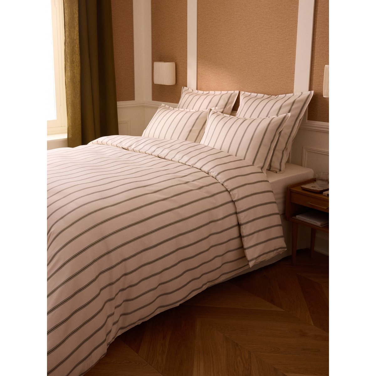 Housse de couette satin de coton "MAXENCE" rayure camel/ecru, CYRILLUS