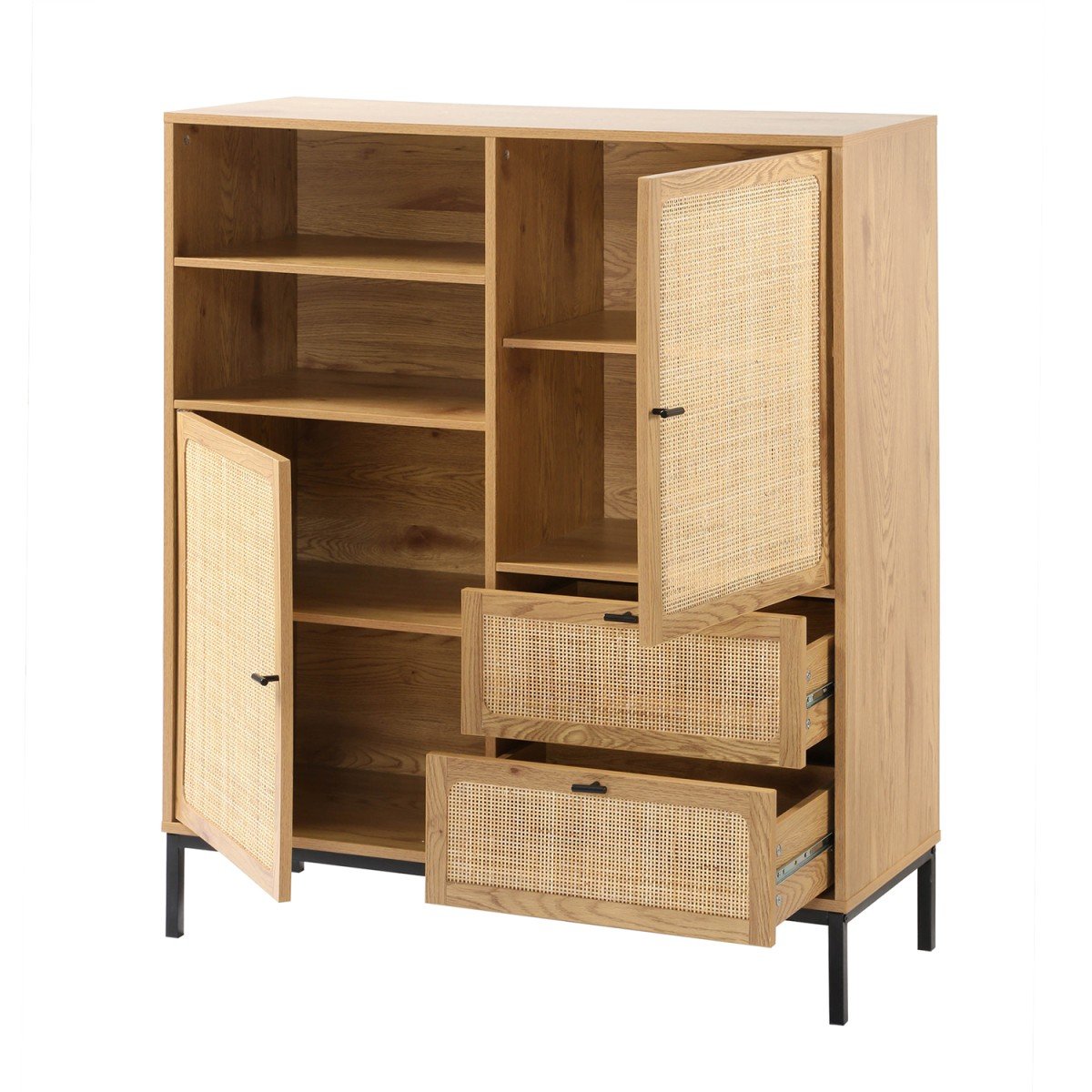 Buffet Haut avec Façades en Rotin Naturel - L100 x H120 cm - JAYA bois clair, CALICOSY