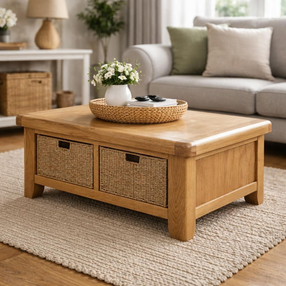 Table basse campagne chic avec 2 paniers de rangement VALMONT bois naturel, PIER IMPORT