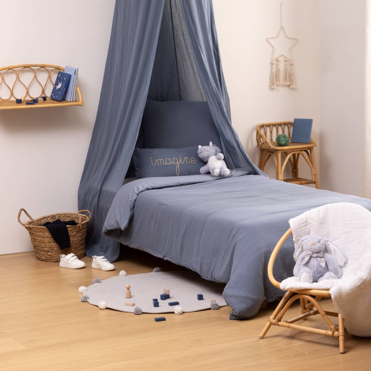 Parure de lit en double gaze de coton LILI bleu gris, ATMOSPHERA FOR KIDS