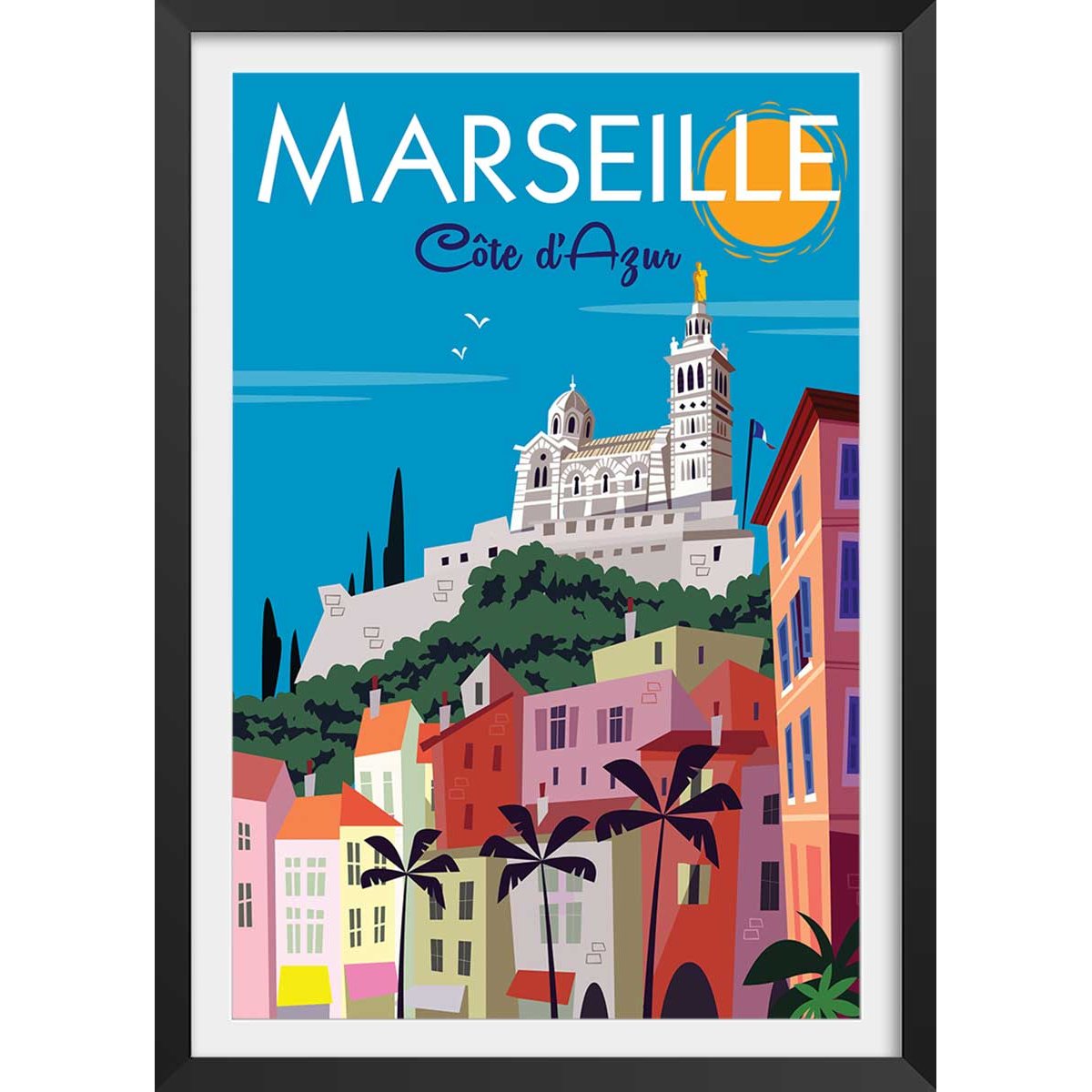 Affiche vintage Marseille affiche + cadre en bois - noir, HEXOA