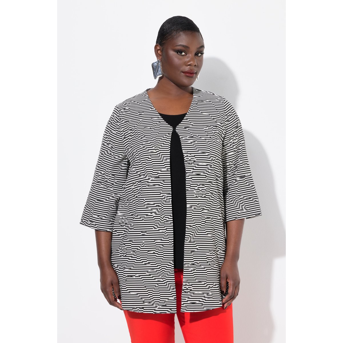 Veste rayée, manches 3/4 noir, ULLA POPKEN