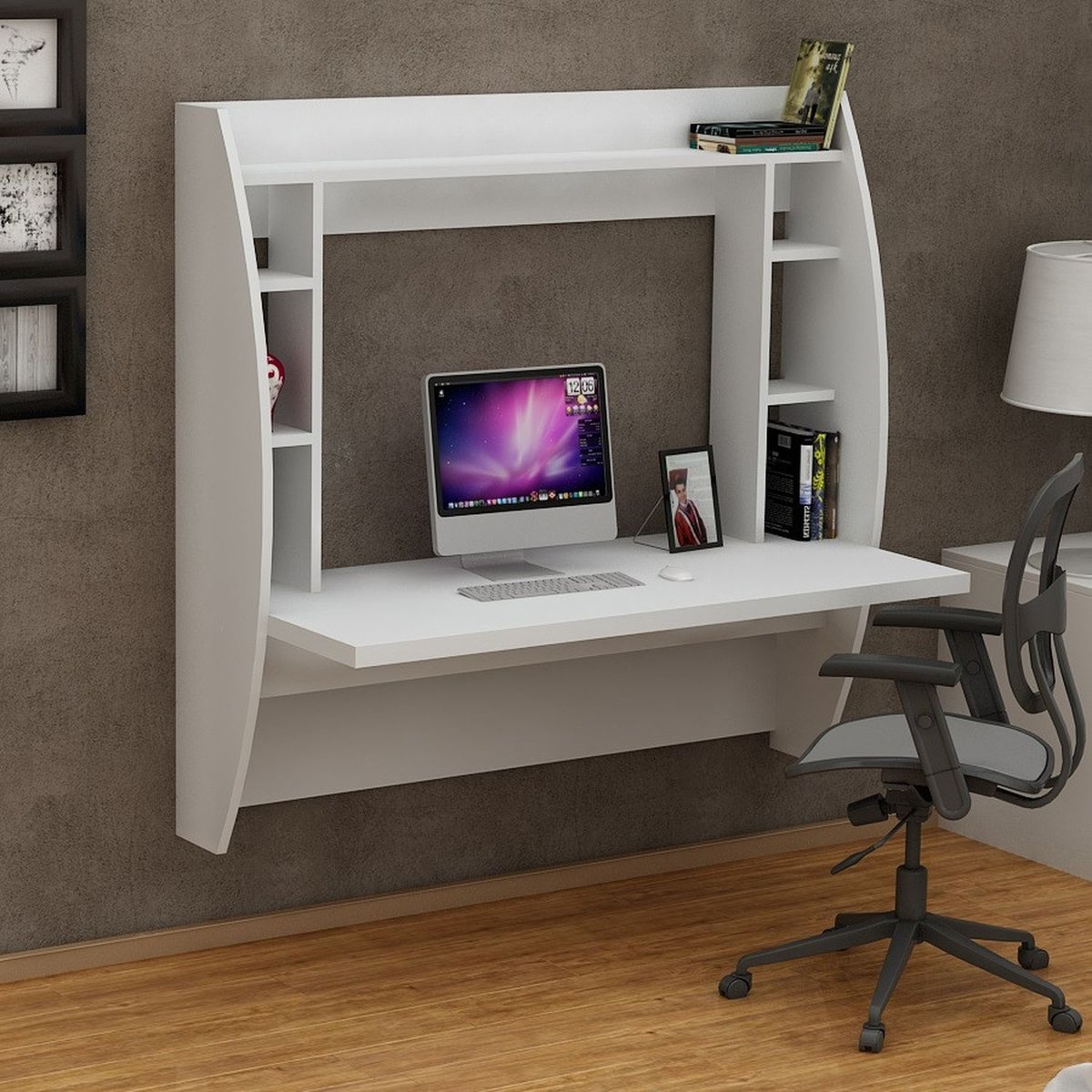Bureau mural suspendu avec étagères VERONA blanc, TOILINUX