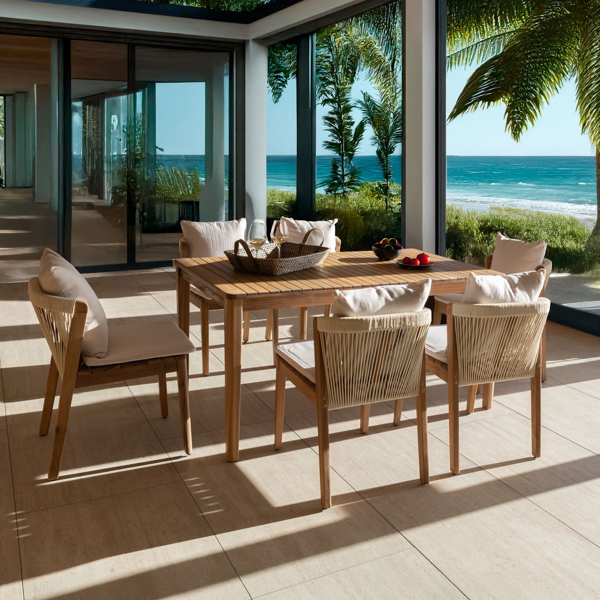 Salon de jardin table et 6 chaises en acacia, FIDJI bois d'acacia, NOW'S HOME